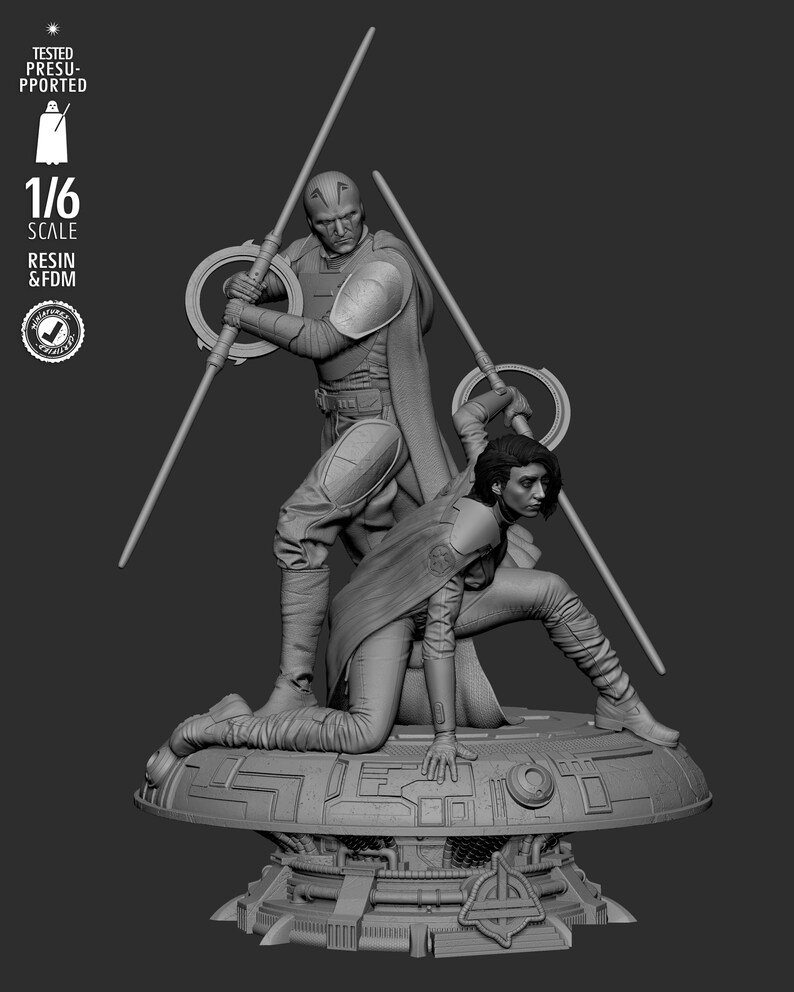 May include: A grayscale 1/6 scale resin and FDM statue of two figures with lightsabers. One figure stands, the other kneels on a detailed platform. The statue has the text "TESTED PRESUPPORTED" and a logo.