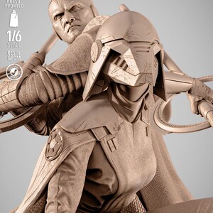 May include: A detailed, tan-colored resin statue of two figures in futuristic armor, one wearing a helmet. The statue is 1/6 scale and features intricate details. The text on the left side of the image reads "TESTED PRESUPPORTED" and "1/6 SCALE RESIN & FDM".