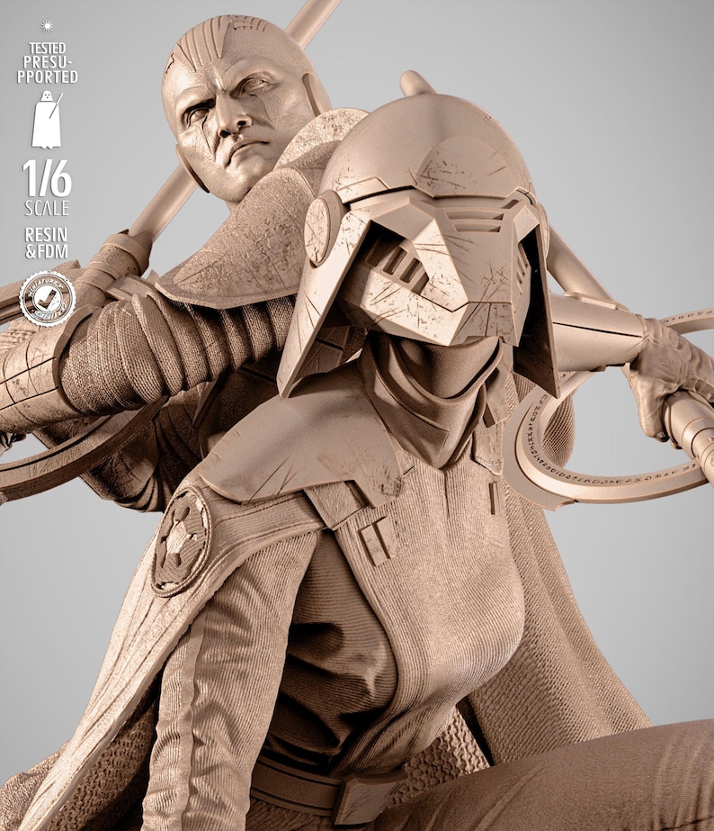 May include: A detailed, tan-colored resin statue of two figures in futuristic armor, one wearing a helmet. The statue is 1/6 scale and features intricate details. The text on the left side of the image reads "TESTED PRESUPPORTED" and "1/6 SCALE RESIN & FDM".