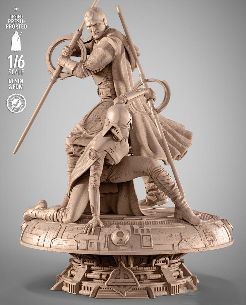 May include: A tan resin statue of two figures in a dynamic pose, one kneeling and the other standing, both wielding staffs with circular elements. The statue is on a detailed platform. The text on the side reads "1/6 SCALE RESIN & FDM".