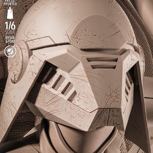 May include: A detailed, tan-colored 1/6 scale helmet with a weathered, battle-worn appearance. The helmet features a complex geometric design with multiple vents and angular features. The text "TESTED PRESUPPORTED" and "1/6 SCALE RESIN & FDM" are visible.