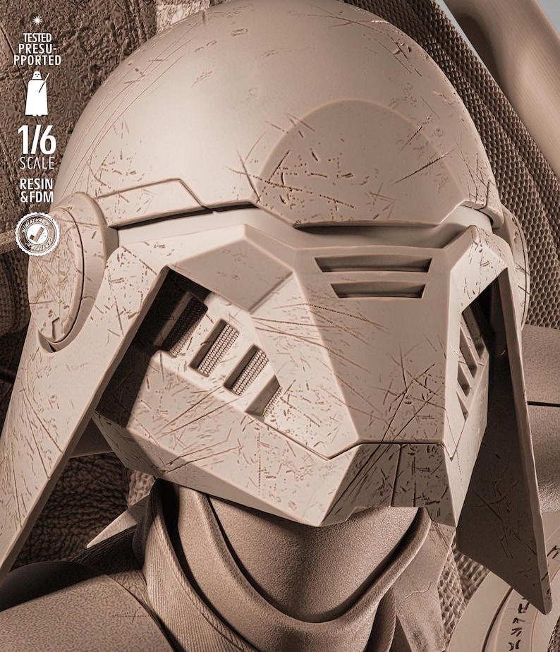 May include: A detailed, tan-colored 1/6 scale helmet with a weathered, battle-worn appearance. The helmet features a complex geometric design with multiple vents and angular features. The text "TESTED PRESUPPORTED" and "1/6 SCALE RESIN & FDM" are visible.
