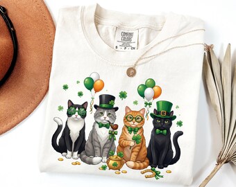 Comfort Colors St Patricks Cat Shirt Cute Shamrock Cat Gift Lucky Cat Shirt Women Trendy Spring Shirt Cat Lover Gift