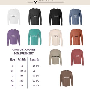 May include: A product image showcasing long-sleeve shirts in various colors, including white, black, and blue jean. The image also displays a size chart with measurements in inches for width and length, ranging from size S to 2XL.