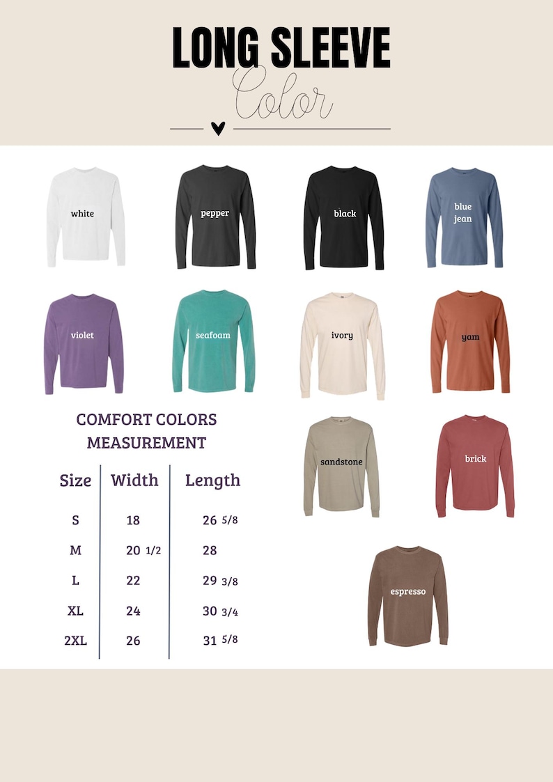 May include: A product image showcasing long-sleeve shirts in various colors, including white, black, and blue jean. The image also displays a size chart with measurements in inches for width and length, ranging from size S to 2XL.