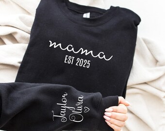 Personalized Mama Sweatshirt: Kids Names on Sleeve, Custom Mom Outfit