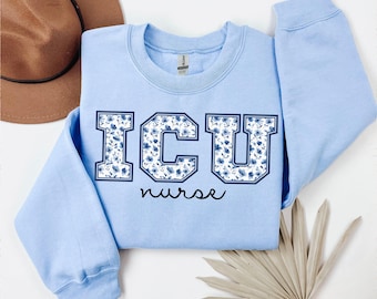 ICU Nurse Sweatshirt, Blue Toile Intensive Care Nurse Tee, Critical Care Nurse Shirt, ICU Gift, Intensive Care Unit Nurse Sweater