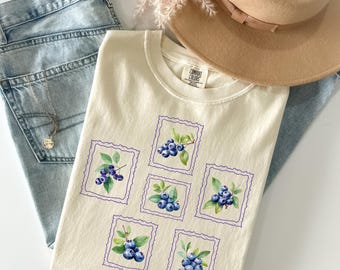 Comfort Colors® Blueberry Shirt, Vintage Postage Stamp Shirt, Aesthetic Summer Tee, Farmer's Market Cottagecore Gardening Gift, Fruit Shirt