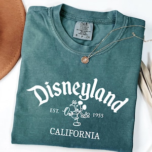 Może przedstawiać: Niebiesko-zielona koszulka z napisem "Disneyland" w białym skrypcie, wraz z "Est. 1955" i "California". Złoty naszyjnik z wisiorkiem spoczywa na koszulce. Widoczny jest r&oacute;wnież brązowy kapelusz i suszone liście.