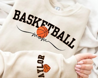 Basketball Mom Kids Name On Sleeve Sweatshirt, Basketball Mom Sweatshirt, Basketball Game Day, Basketball Team Shirt, Mama Basketball Season