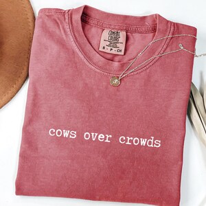 May include: A dusty rose-colored t-shirt with the phrase "cows over crowds" printed in white. A gold necklace with a pendant rests on the shirt. A brown hat and dried plant are also visible.