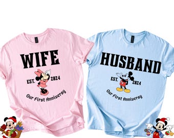 Custom Disney Anniversary Shirts Matching Couple Disneyworld Tee, Wife Husband Disney Trip Shirt, First Anniversary Est Year Disneyland Tees