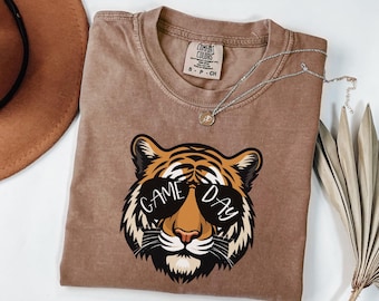 Comfort Colors® Tigers with Game Day Glasses, Game Day Mascot Shirt, Football Shirt, Football Mom Shirt, Cute Game Day Tshirt, Mascot Tshirt