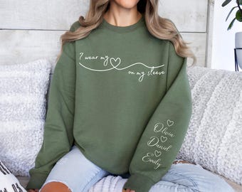Personalized Mom Sweatshirt: Heart On My Sleeve, Names Gift