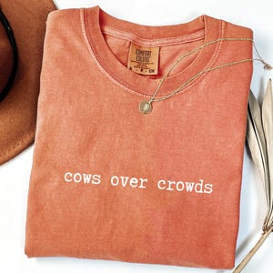 May include: A coral-colored Comfort Colors t-shirt with the phrase "cows over crowds" in white lettering. A gold necklace with a pendant rests on the shirt. A brown cowboy hat and dried palm frond are also in the image.