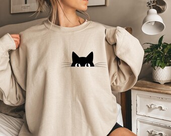 Cat Sweatshirt,Cute Cat Sweatshirt,Black Cat Shirt,Cat Peeking Sweatshirt,Womens Funny Sweatshirt,Gift for Cats Lover,Cat Mom Sweatshirt