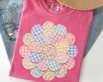 Faux Quilted Patchwork Daisy Shirt Comfort Colors® Floral Tee  Cottagecore Flower T-Shirt Vintage Spring Graphic
