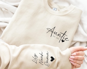 Sudadera personalizada para tía: nombres personalizados para sobrinos y sobrinas, revelación de embarazo