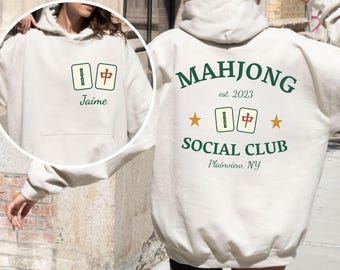Sweatshirt Mahjong Social Club, custom game-avond ronde hals, gepersonaliseerd tegelcadeau, gezellige retro hoodie