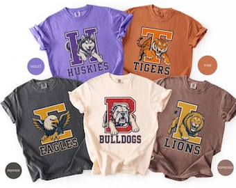 T-shirt met schoolmascotte op maat, gepersonaliseerd T-shirt met schoollogo, T-shirt voor wedstrijddagen tijdens het voetbalseizoen, T-shirt met teamnaam, T-shirt voor de start van het nieuwe schooljaar.