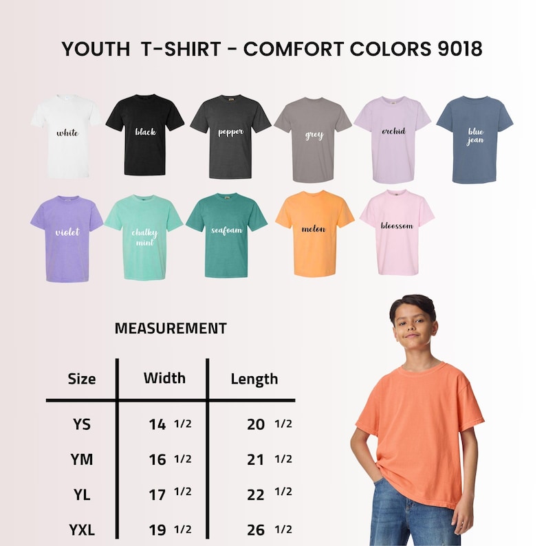 May include: A selection of youth t-shirts in colours such as white, black, and blue jean. The image includes a size chart with measurements in inches for width and length. A young person is wearing an orange t-shirt.