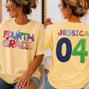 Comfort Colors® Fourth Grade Teacher Shirt, Personalized Teacher Name & Number Tee, Custom Grade Level Shirt, Faux Patchwork Teacher Gift
