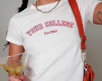 Custom College Baby Tee, Personalized Trendy Y2K Shirt, College Merch Baby Tee, Tailgate Game Day Tee, Drinking Team, College Merch Apparel