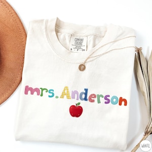 Comfort Colors® Personalized Teacher Name Shirt, Faux Patchwork Custom Teacher Shirt, Apple Teacher Tee, Back to School Teacher Shirt