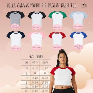 May include: A selection of Bella Canvas Micro Rib Raglan Baby Tees in various colors, including white with black, navy, pink, and red sleeves. The image also displays a size chart with measurements in inches for sizes XS to XXL.