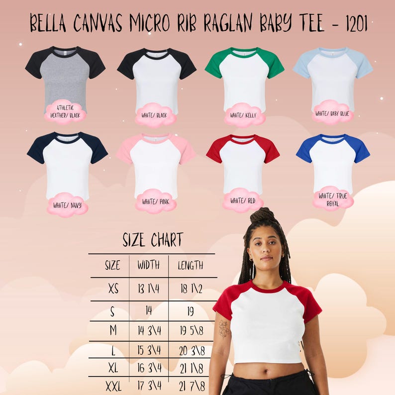 May include: A selection of Bella Canvas Micro Rib Raglan Baby Tees in various colors, including white with black, navy, pink, and red sleeves. The image also displays a size chart with measurements in inches for sizes XS to XXL.