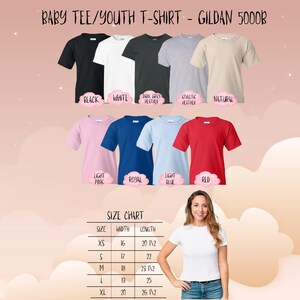 May include: A selection of Gildan 5000B baby and youth t-shirts in various colors, including black, white, and red. A size chart is displayed, with measurements in inches. The image also shows a woman wearing a white t-shirt.
