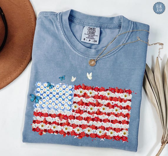 Comfort Colors® Floral USA Flag Shirt, Floral American Flag Shirt, Women USA Shirt, Patriotic Gift, Patriotic Flower Tee, 4th of July Shirt