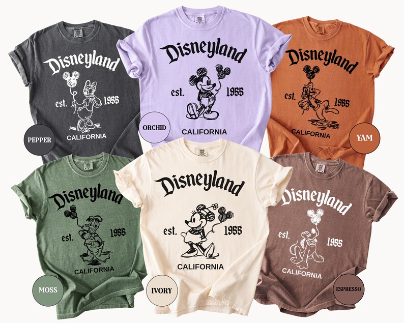 Puede incluir: Seis camisetas de diferentes colores con el logotipo de Disneyland y varios personajes de dibujos animados. Las camisetas son de color gris, morado, naranja, verde, marfil y marr&oacute;n. Cada camiseta tiene el texto "Disneyland est. 1955 California."