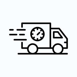 May include: A black line art icon of a delivery truck moving at high speed. The truck features a circular clock face on its side panel and horizontal motion lines trailing behind the vehicle to indicate rapid movement along a flat ground line.