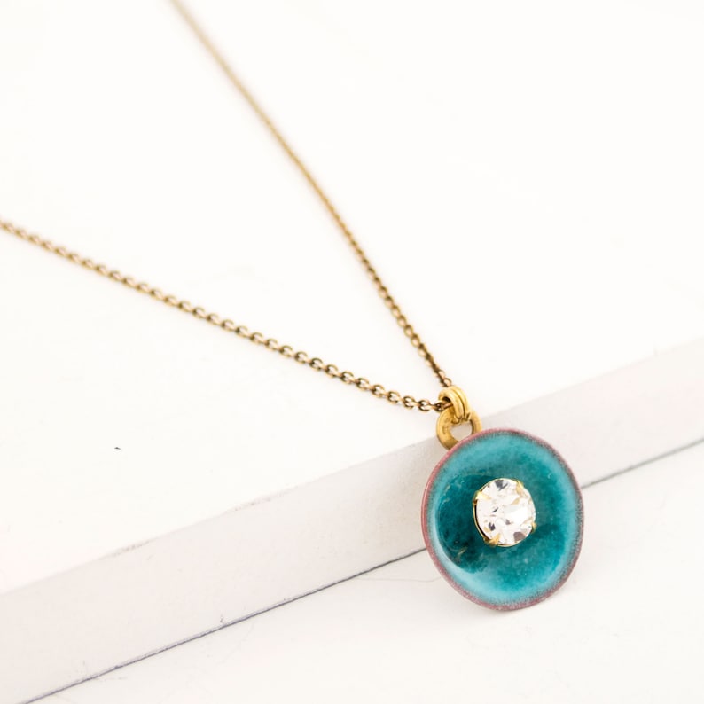 Turquoise pendant necklace Vintage style necklace Clear crystal /& dainty chain necklace with glass enamel pendant Sea blue pendant