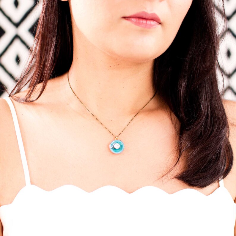 Turquoise pendant necklace Vintage style necklace Clear crystal /& dainty chain necklace with glass enamel pendant Sea blue pendant