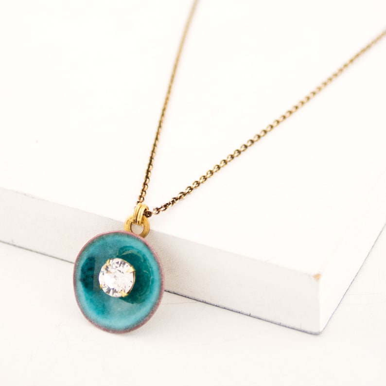 Turquoise pendant necklace Vintage style necklace Clear crystal /& dainty chain necklace with glass enamel pendant Sea blue pendant