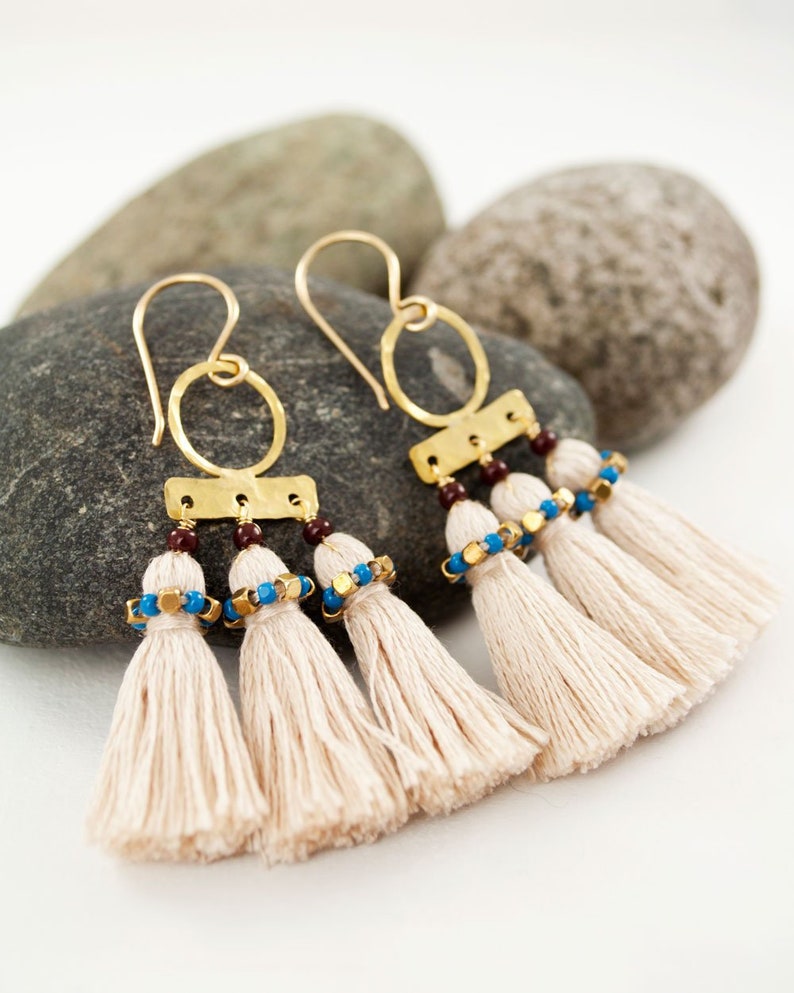 White tassel earrings long tassel earrings gold brass Etsy