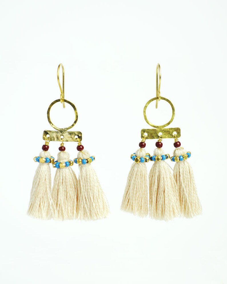 White tassel earrings long tassel earrings gold brass Etsy