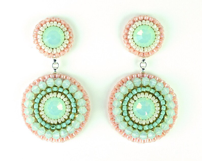 Mint Earrings Mint Peach Coral Chandelier Earrings Bridal Etsy