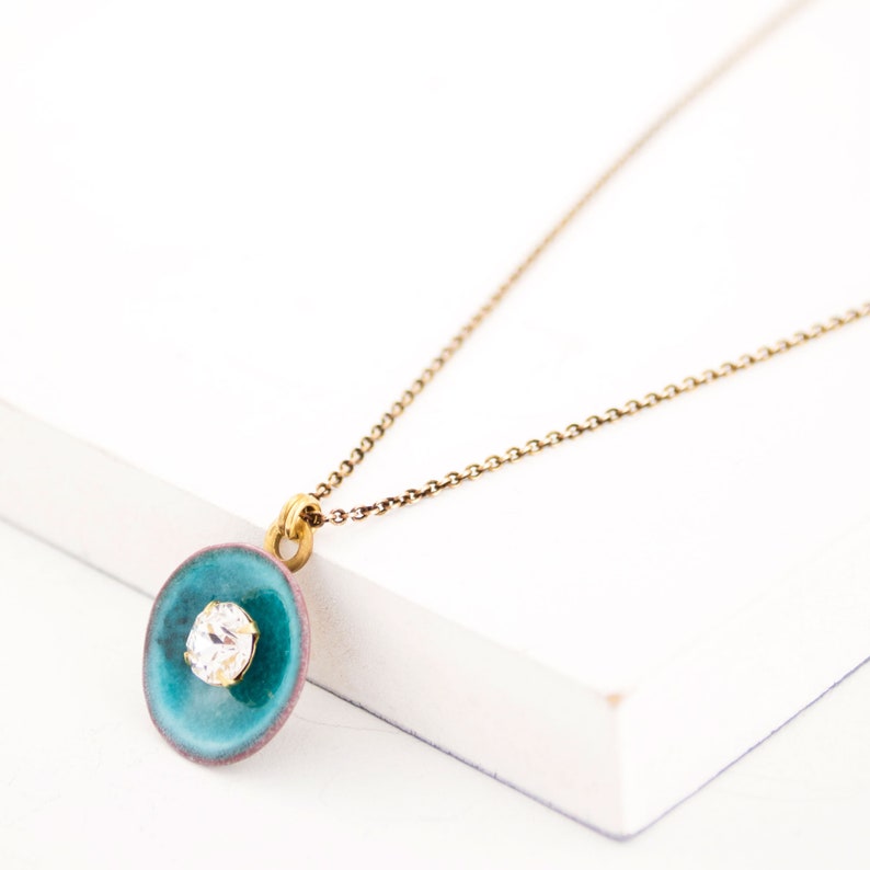 Turquoise pendant necklace Vintage style necklace Clear crystal /& dainty chain necklace with glass enamel pendant Sea blue pendant