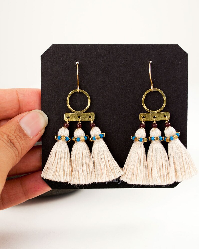 White tassel earrings long tassel earrings gold brass Etsy