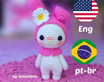 PDF Amigurumi Pattern- Pink Bunny - Digital crochet pattern PDF – available in English and PortugueseBR