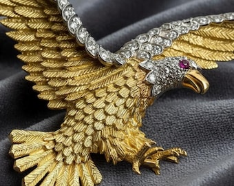 Majestuoso broche de águila de oro y diamantes / Broche de pájaro con ojo de rubí / Exquisita joyería de águila americana, joyería hecha a mano, chapada en oro amarillo de 14 quilates
