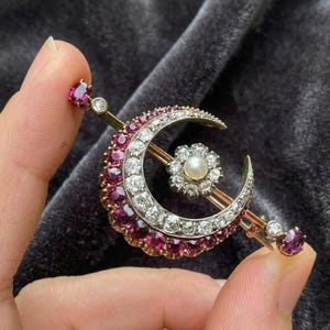 Round Ruby, Diamond And Pearl Crescent Brooch, 925 Steeling Silver With 14K Gold Plated, Personalized Gifts