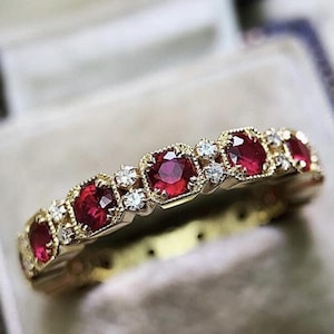 Vintage Ruby & Diamond Eternity Ring, 14K Gold Milgrain Wedding Band, Art Deco Style Ruby Stacking Ring, July Birthstone Jewelry