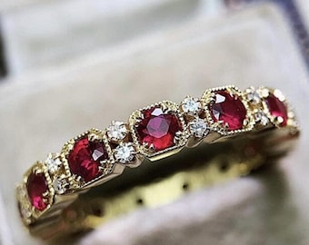 Vintage Ruby & Diamond Eternity Ring, 14K Gold Milgrain Wedding Band, Art Deco Style Ruby Stacking Ring, July Birthstone Jewelry