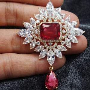 Red Ruby Brooch Pin, Victorian Style Silver Rhinestone Statement Jewelry, Flower Brooch for Women, Gift for He