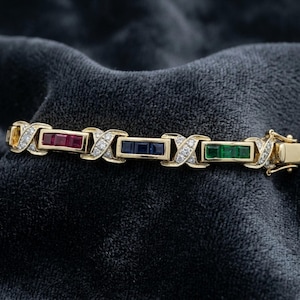 14K guldpläterat tennisarmband med flera ädelstenar och diamanter med X-länk, armband med rubin, smaragd, safir och diamant, jubileumspresent till henne