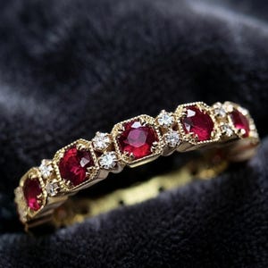 Ruby & Diamond Eternity Ring, 14K Gold Finish,  Milgrain Wedding Band, Art Deco Style Ruby Stacking Ring, July Birthstone Jewelry